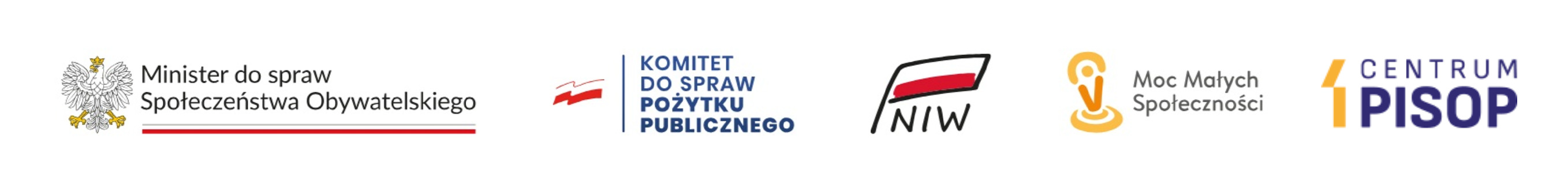 Herb Polski i napis Minister do spraw Społeczeństwa Obywatelskiego oraz logotypy KDS Pożytku Publicznego, NIW, Moc Małych Społeczności i Centrum PISOP