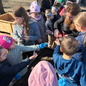 Opiekunka rozdaje nasiona dzieciom podczas warsztatów sadzenia roślin w ogrodzie.