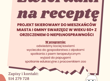 Dotacja na realizację zadania publicznego z zakresu pomocy społecznej w obszarze wsparcia rodziny (osób z niepełnosprawnościami po 60 roku życia) pod tytułem „Zwierzaki na receptę”