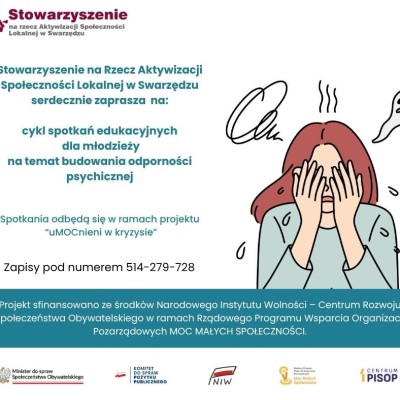 Plakat zaprasza młodzież na cykl spotkań o odporności psychicznej — dane, kontakt i termin w Swarzędzu.