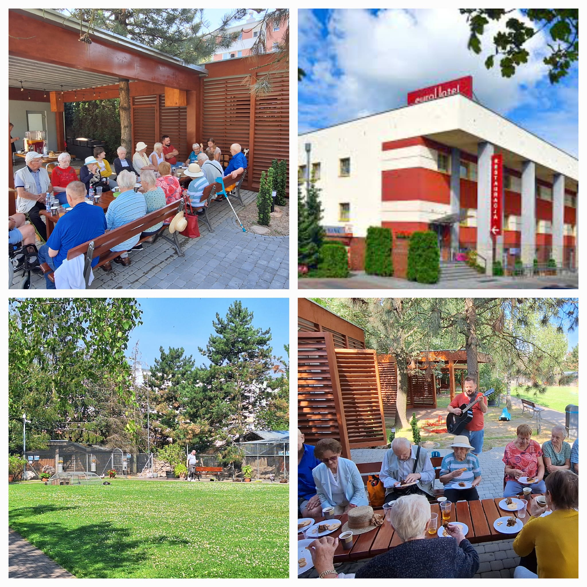 Widok na teren mini zoo w ogrodzie, drzewa i trawnik w EuroHotelu w Swarzędzu, seniorzy spacerują i odpoczywają.