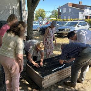 Grupa osób wraz z wykładowcą pochyla się nad dużą drewnianą skrzynią wypełnioną czarną ziemią, sadząc rośliny w równych rządkach.