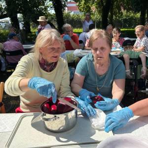 Dwie seniorki w niebieskich rękawiczkach ochronnych obierają i kroją czerwone buraki do metalowego garnka podczas plenerowych warsztatów 'Ogród Pokoleń'. W tle, przy stołach usytuowanych w cieniu drzew, pracują pozostali uczestnicy wydarzenia.